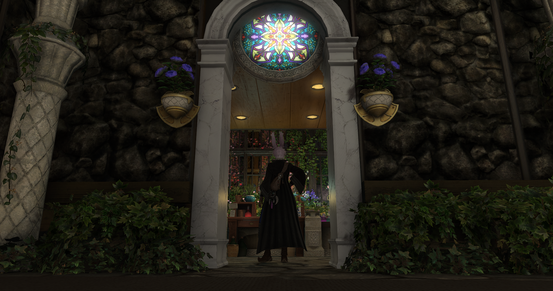 Bunny Woman in a doorway, staring at a botony lab